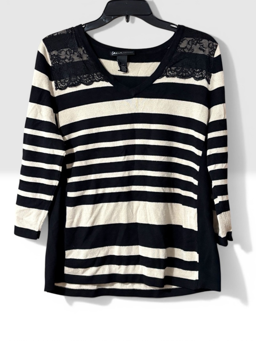 Lane Bryant Black & Cream Striped Lace Shoulder Top Size 14/16